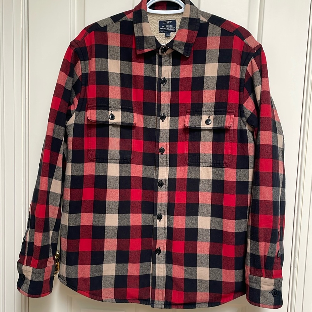J. Crew Men's sz M medium Sherpa Lined Work Barn Coat red tan black plaid WARM